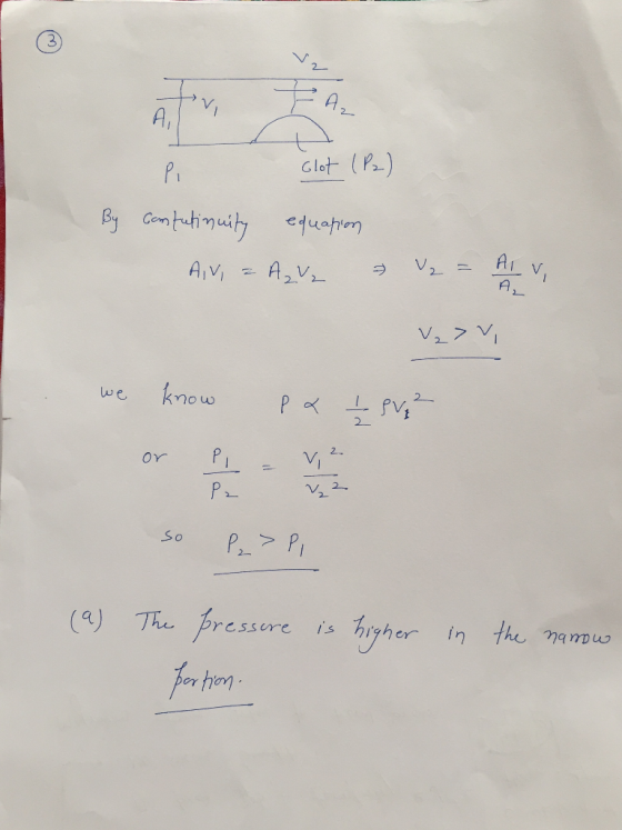 7A Pi Glot (P2) By confutinuity equation AV = A₂V V₂ = Air v> 7 I we know Pa IPV ² so P₂ > Pi (9) The pressure is higher Port