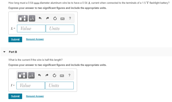 How long must a 0.64-mm-diameter aluminum wire be to have a 0.54 A current when connected to the terminals of a 1.5 V flashli