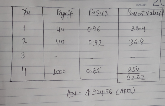 Zu 079-286 You Payoff Pr@y% Present valul - 40 0.96 38-4 2. yo 0-92 36-8 3. 4 니 L000 0.85 850 925.2 And $924.56 (Apox)