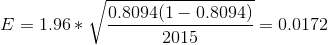 E=1.96*\sqrt{\frac{0.8094(1-0.8094)}{2015}}=0.0172