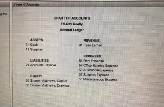 Chart of Accounts g the CHART OF ACCOUNTS Tri-City Realty General Ledger ASSETS REVENUE 11 Cash 41 Fees Earned 12 Supplies EX