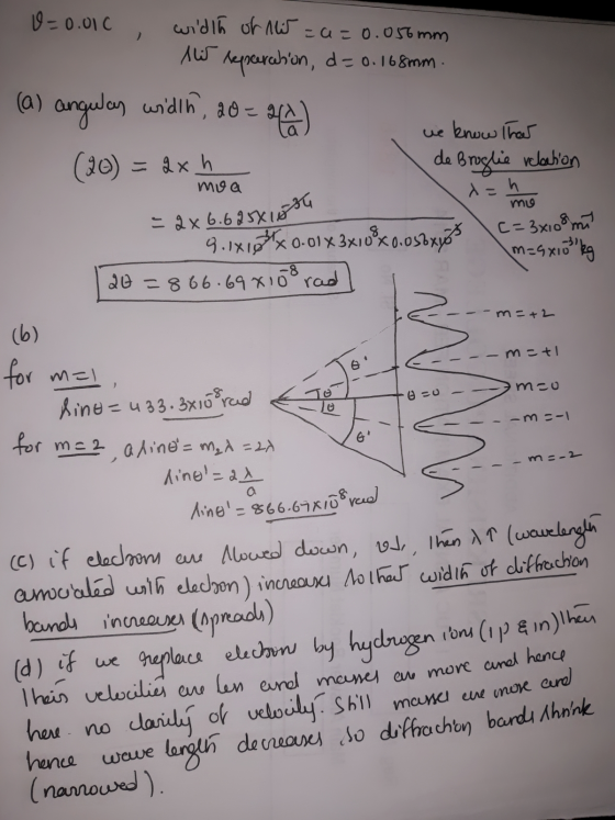 U=0.010 wildlh of new=a=0.056 mm AW reperation, d= 0.168mm. (a) angulas width, 20 = 24) we know that de Broglie relation = 9x