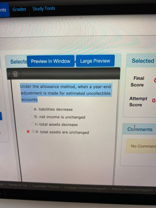ents Grades Study Tools Selecte Preview In Window Large Preview Selected Final Score Under the allowance method, when a year-