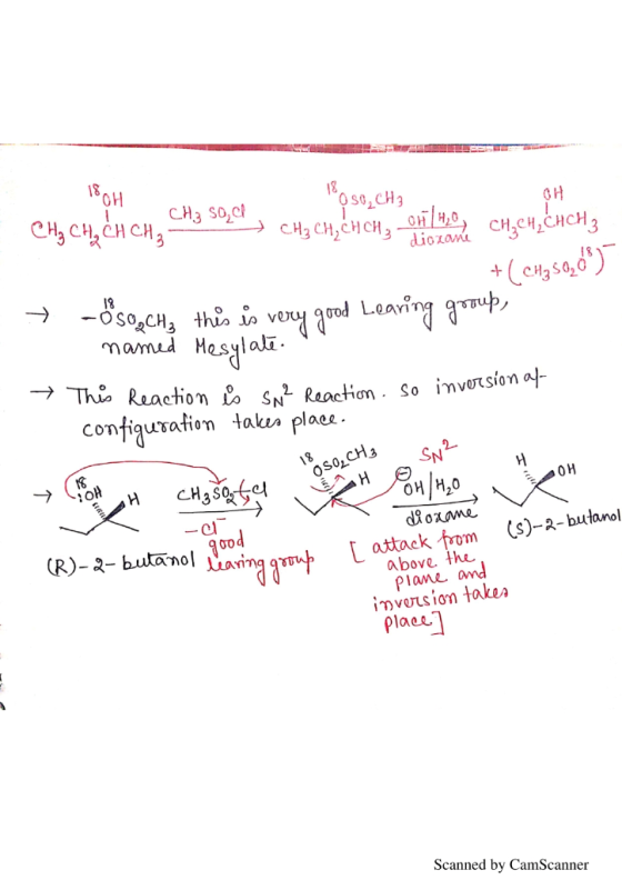 OH CH3 So,c 0so,CH3 + ( CH3 S020 18 god Leari Thả Reaction io SN Raaciom. So inversion a configurafiom take plaes anol (R)-2-