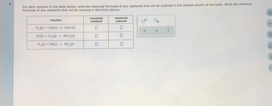 For each reaction in the table below, write the chemical formulae of any reactants that will be oxidized in the second column