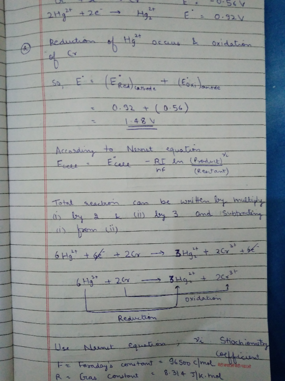 TH 2+ + 2e → Hght E: -0.56v E= 0.924 Reduction of Hat occans & oxidation ! so E. (Ered ca trade + (Eoxidante - 0.92 +10.56) 1