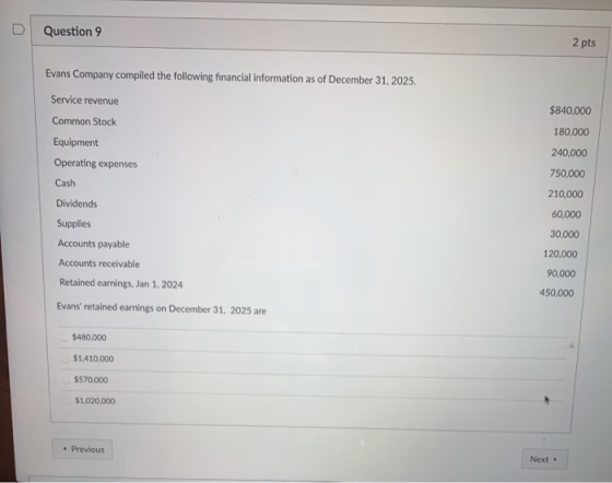 Question 9 2 pts Evans Company compiled the following financial information as of December 31, 2025. $840,000 180,000 240,000