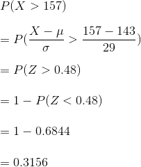 P(X > 157) X-4 157 – 143 29 = P(Z > 0.48) = 1- P(Z < 0.48) =1-0.6844 = 0.3156