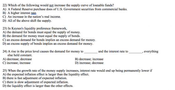 22) Which of the following would not increase the supply curve of loanable funds? A) A Federal Reserve purchase does of U.S.