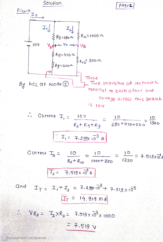 Solution | Pa9e4-| fig=1 I lov 3 R3=68012 R2=1000-2 Voote Yx > VB 25=4700 RR16-330-2 ŞR9=22001 By kcl at Node 2 These Two bra