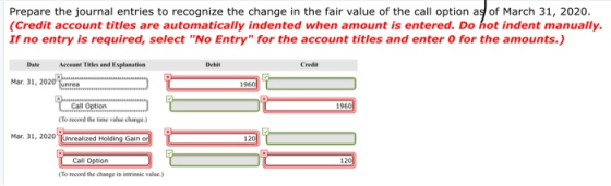 Prepare the journal entries to recognize the change in the fair value of the call option as of March 31, 2020. (Credit accoun