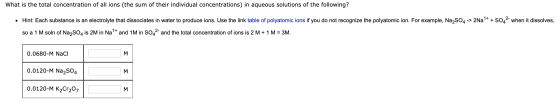 What is the total concentration of all ions (the sum of their individual concentrations) in aqueous solutions of the followin