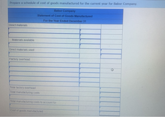 Prepare a schedule of cost of goods manufactured for the current year for Babor Company, Babor Company Statement of Cost of G
