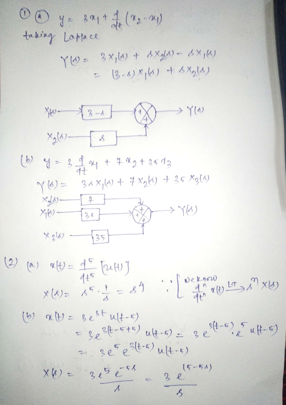 0 ya 3+ (09--1) taking Lappace yw 3x,W) + 6Xgls) - 6X,U) = (3-6) Xpl) + X(s) (b) y = 3 2 4 +7 92 +3543 YO)= 30,() + 7 xg(s) +