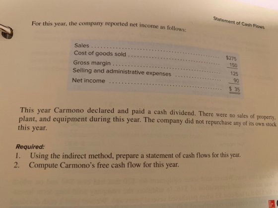 Statement of Cash Flows For this year, the company reported net income as foll $275 Sales .. Cost of goods sold ..... Gross m