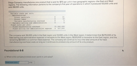 Diego Company manufactures one product that is sold for $70 per unit in two geographic regions-the East and West regions. The