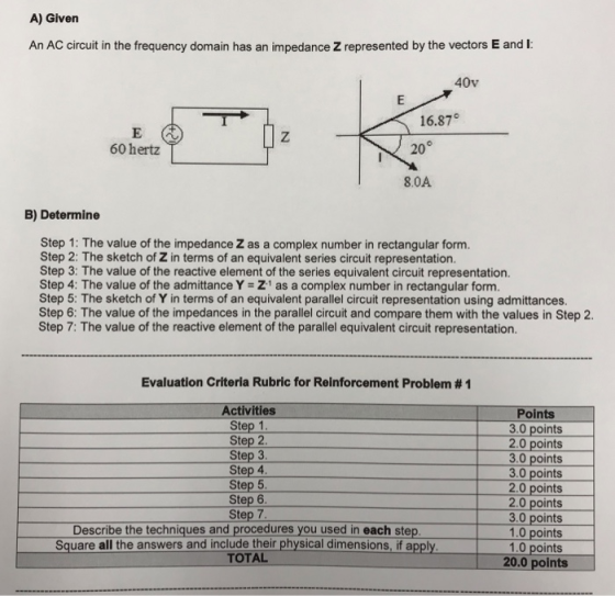 A) Given An AC circuit in the frequency domain has an impedance Z represented by the vectors E and I 40v 16.87 60 hertz 20° 8.0A B) Determine Step 1: The value of the impedance Z as a complex number in rectangular form. Step 2: The sketch of Z in terms of an equivalent series circuit representation. Step 3: The value of the reactive element of the series equivalent circuit representation Step 4: The value of the admittance Y - Z1 as a complex number in rectangular form. Step 5: The sketch of Y in terms of an equivalent parallel circuit representation using admittances. Step 6: The value of the impedances in the parallel circuit and compare them with the values in Step 2. Step 7: The value of the reactive element of the parallel equivalent circuit representation. Evaluation Criteria Rubric for Reinforcement Problem # 1 Activities Step 1 Step 2 Step 3 Step 4 Step 5 Step 6 Step 7 Describe the techniques and procedures you used in each step Square all the answers and include their physical dimensions, if apply Points 3.0 points 2.0 points 3.0 points 3.0 points 2.0 points 2.0 points 3.0 points 1.0 points 1.0 points 20.0 points TOTAL