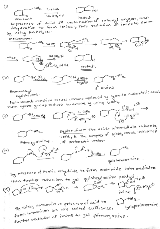 ?? Reactan+ Ma BH3 CN Produ Inprese nce o Acid ? o**jen, th usinq Na BH3 C ? ?? NaßH3CN produc 2.5 Amne Replarement mcurs Bromo replac ed eanied then eyano group educe to Amine bj using uA)H4 3 Esplonahin The azide inkrmedi ake nduee ue e of pnotemaded water A) NM UA1H clo hexanamine he furth er sue Ini ne es uwinej cmmono n presenc e of acid o form ime mine le> 5et çimar mine