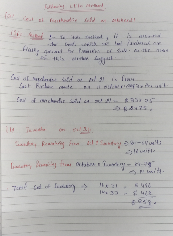 following Lito method la Cost of Cost of me Merchandise sold on Octoberal Tito Method a In this method, it is assumed that Go