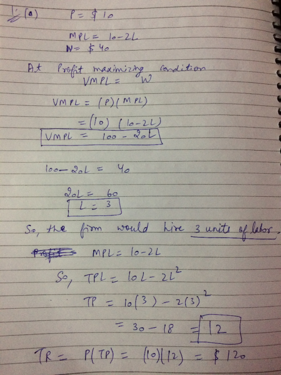 MPL = 10-22 W- $40 At Profit maximizing Condition UMPL = W VMPL = (P)(MPL) = (10) I 10-21) UMPL = 100 - 200 100- Qol = Yo the