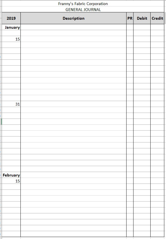 Frannys Fabric Corporation GENERAL JOURNAL 2019 Description PR Debit Credit January February