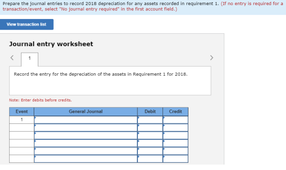 Prepare the journal entries to record 2018 depreciation for any assets recorded in requirement 1. (If no entry is required fo