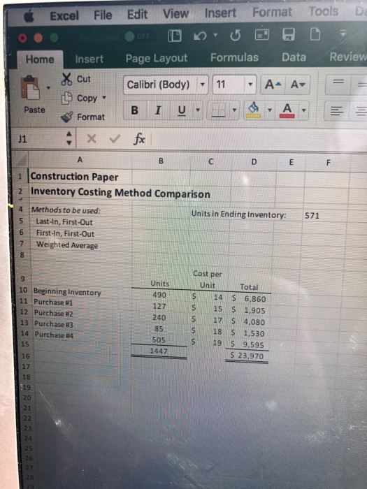 Excel File Edit View Insert Format Tools Da Review Home Insert Page Layout Formulas Data X cut Calibri (Body) - 11 A A Copy P