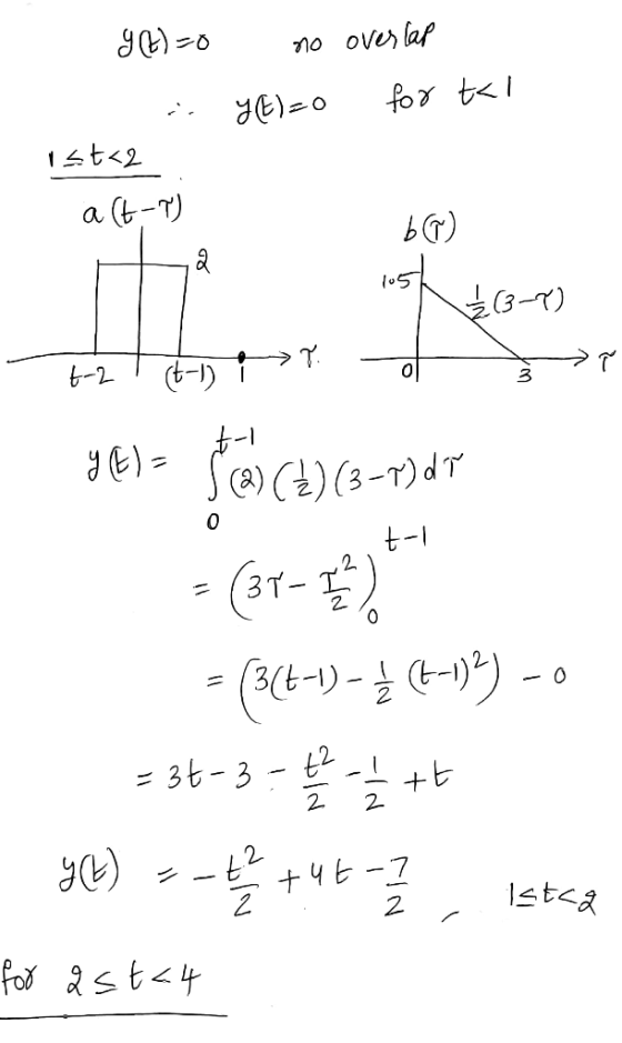 g (t)=0 no overlap 1 YE)=0 for tal ist2 a (t-1) b@) Ha est ź(3-4) 4-2 (t-1) it. o ? 96) = S(+) (3-1)dt it-1 0-6(1-=(1-1) = +3