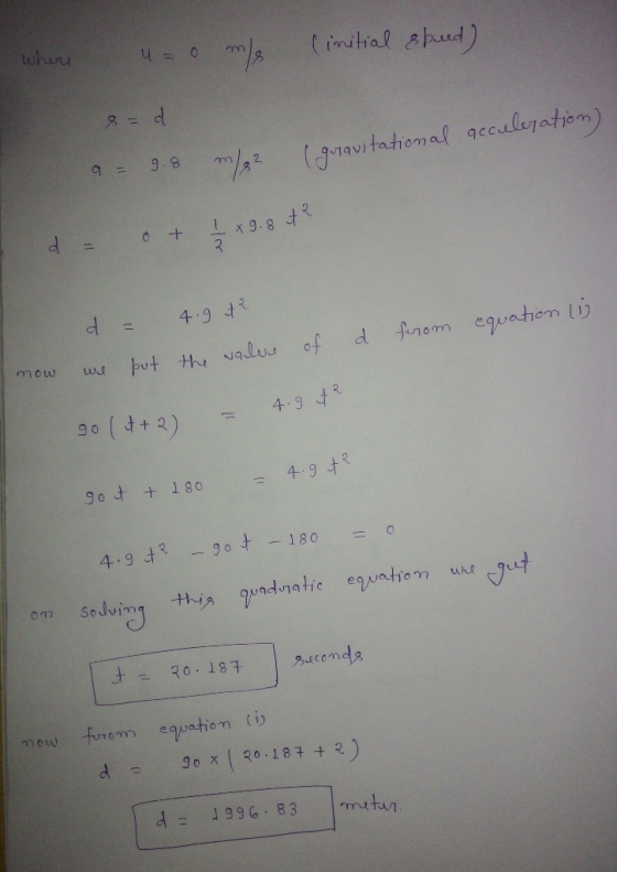 where u = o me (initial speed) 8= d acceleration) a = gravitational 9.8 m/2 d = o t 1 x g. 8 et ² d = 4.9 t 2 we put the valu