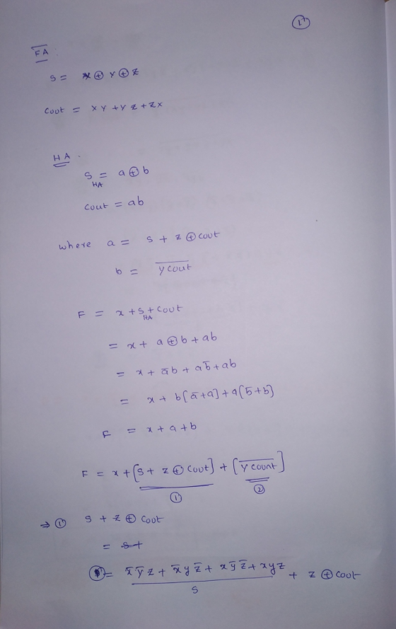 = 6 x 6 z coot = X Y ty z + ZX HA 5 = ab НА cout = ab where a= st z 6 cout b= y cout F = x+st cout HA =xt a obtab = x+ ab + a