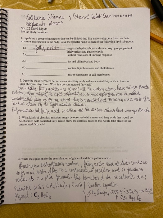 Juliana Etienne ; blanni Saint Jean Page 117 of 147 Stephanie Florant Sci 122 Lab9 Lipids Pre-lab study questions 1. Lipids