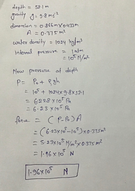 atm depth = 52.1m gravity g = 9.8 ms? dimension = 0.866 m X 0.433m A = 0.375 m² water density = 1024 kg/m3 internal pressure