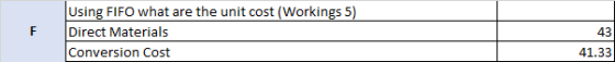 F Using FIFO what are the unit cost (Workings 5) Direct Materials Conversion Cost 43 41.33