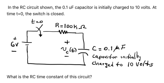 In the RC circuit shown, the 0.1 uF capacitor is initially charged to 10 volts. At time t=0, the switch is closed. t-o R=100k