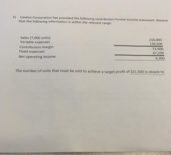 5) Cassius Corporation has provided the following contribution format income statement. Assume that the following information