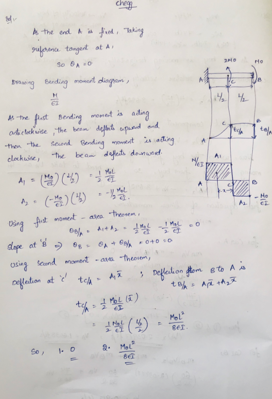 Che んthe end. t is fired, Taking ente tongent at A Dvaas ng bending moment daghan As the #nst Bending mom entis aan od clock uise ,the bean delts upued and then the seuend Bending omest is ading clockwise ) -the be ame de ets downwald A) er Mo Using fust moment-asea theorem osina seond moment asea thesremy pellation at Mol : (4) . 2 So, . o &. Mol 8ET