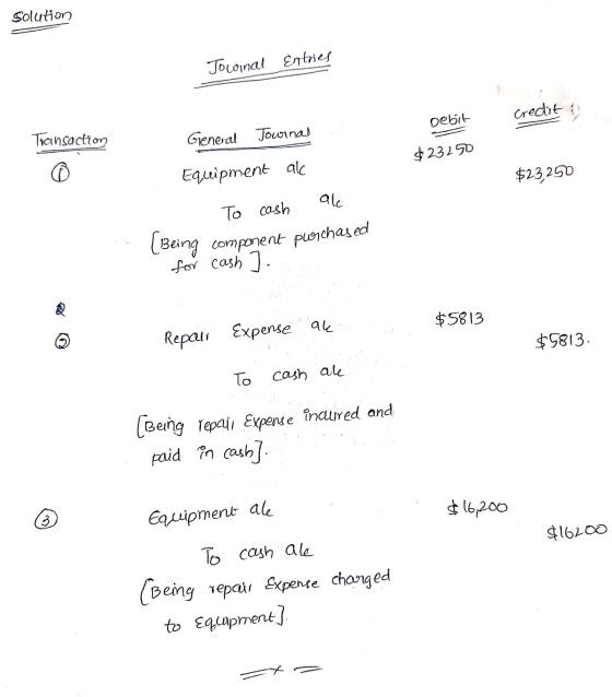 Solution Jowinal Entries credit a Debit Transaction General Journal $ 23290 $23,250 Equipment al To cash ale (Being component