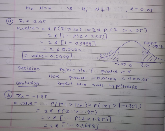 Hoi l=7 Hi! el 7 ) 2=0.05 a 1 Zo= 2.05 P-value=2*P(Z > Zo) = 2* P (Z >2.05) = 2 *[ - P(Z <2,05) = 2* [-09798] Pralue Oozor =