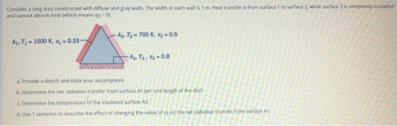 Consider a long duct constructed with diffuse and gray walls. The width of each wall is 1 m. Heat transfer is from surface 1