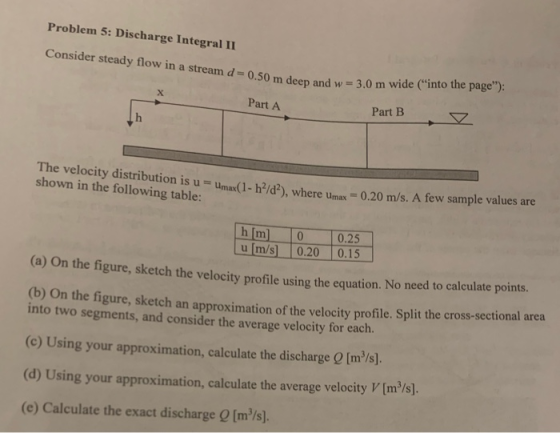 Problem 5: Discharge Integral II Consider steady flow in a stream d=0.50 m deep and w = 3,0 m 0.50 m deep and w = 3.0 m wide