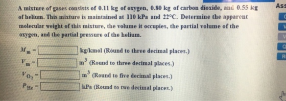 A mixture of gases consists of 0.11 kg of oxygen, 0.80 kg of carbon dioxide, and 0.55 kg of helium. This mixture is maintained at 110 kPa and 22°C. Determine the apparent molecular weight of this mixture, the volume it occupies, the partial volume of the oxygen, and the partial pressure of the helium. Ass kg/kmol (Round to three decimal places.) m (Round to three decimal places.) m Round to five decimal places.) kPa (Round to two decimal places.) In Im 02 He