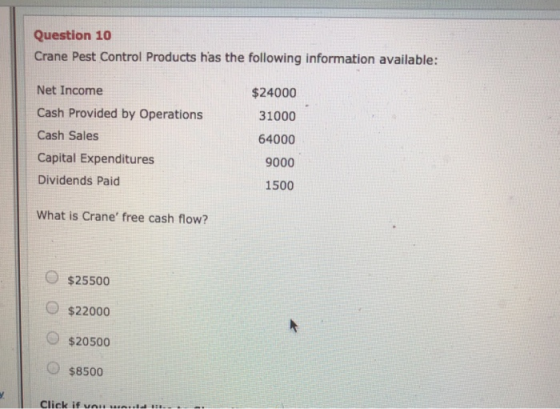 Question 10 Crane Pest Control Products has the following information available: Net Income Cash Provided by Operations Cash