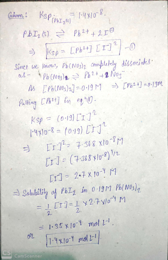 RU PbI,1) Given: ks Pout 0,1:4810-8, Pob I26) = Pb2+ + 210 = ksp = [Pb2+] [1]°) - 0 Since we Knows, Pb(NO3)2 completely disso