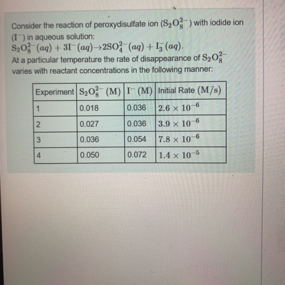 Consider the reaction of peroxydisulfate ion (S20;-) with iodide ion (I) in aqueous solution: S2O3- (aq) + 31- (aq) +250- (aq