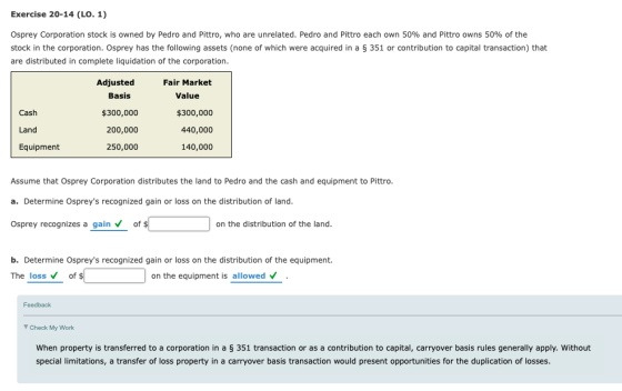 Exercise 20-14 (LO. 1) Osprey Corporation stock is owned by Pedro and Pittro, who are unrelated. Pedro and Pittro each own 50% and Pittro owns 50% of the stock in the corporation. Osprey has the following assets (none of which were acquired in a § 351 or contribution to capital transaction) that are distributed in complete liquidation of the corporation Adjusted Fair Market Value Cash Land Equipment Basis $300,000 200,000 250,000 $300,000 440,000 140,000 Assume that Osprey Corporation distributes the land to Pedro and the cash and equipment to Pittro a. Determine Ospreys recognized gain or loss on the distribution of land Osprey recognizes a gain of $ on the distribution of the land b. Determine Ospreys recognized gain or loss on the distribution of the equipment. The lossof $ on the equipment is allowed . Feedback Check My Work when property is transferred to a corporation in a § 351 transaction or as a contribution to capital, carryover basis rules generally apply. Without special limitations, a transfer of loss property in a carryover basis transaction would present opportunities for the duplication of losses