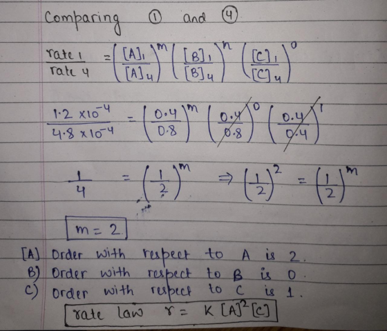 Comparing O and ☺ = 10.41 0.4 1.2 x 10 4.8 x 10-4 0.8 0.4 m=2. [A] Order with B) order with c) order with I rate law respect