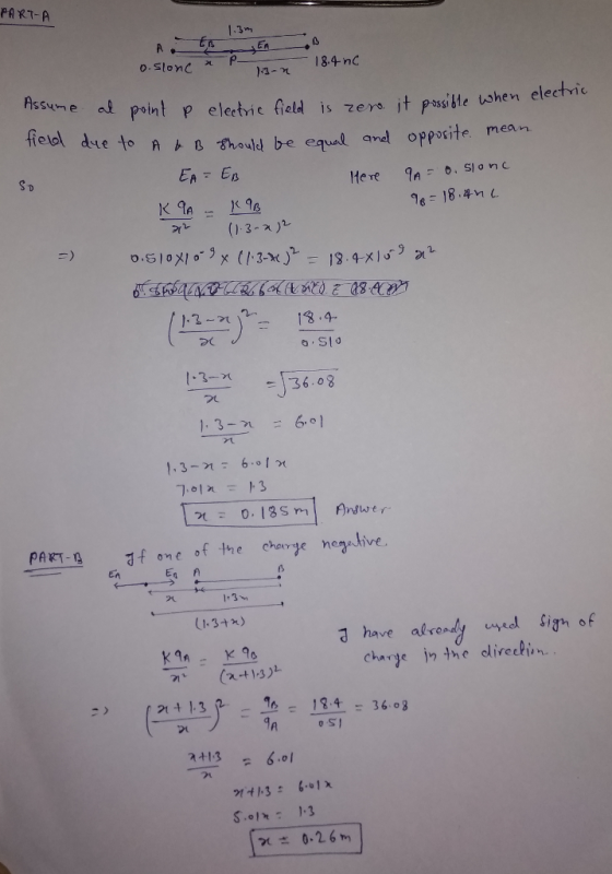 PART-A 3m Ern eip eletbvic fald is zera it pasike ushen clectvie tieel dMeto ค卜Bnould be equal and oppofite mea n 乙eys ible twhen electric EA EB Here In. Sl onc 20 1-3-368 PL PART-4 of the cha?e negitive . 日fone En En A d have alrondy wyeel ign of 1413184 36 9月 2+1-3 6.01 S.01): 1.3 0.26m