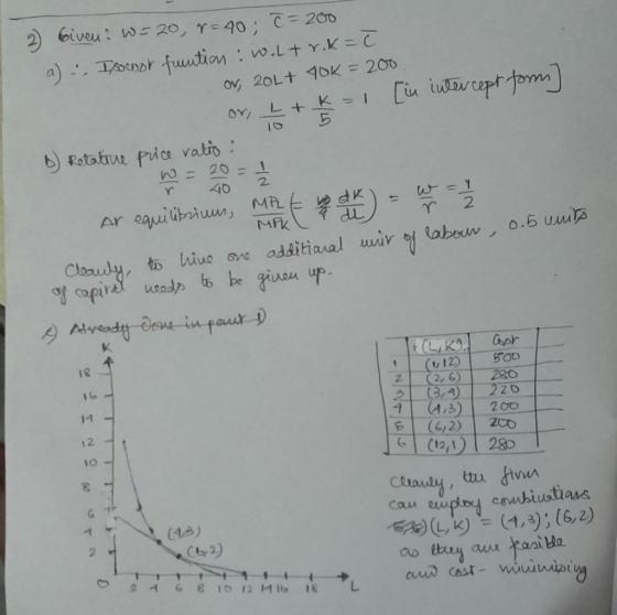 2) Given? W = 20, r=40; T = 200 a) . Isonor funtion :w.Ltr.k= ł ov, 20L+ 90K = 200 or L + k = 1 [in intercept forms] B) Retat