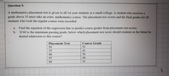 Question 5: A mathematics placement test is given to all 1st year students at a small college. A student who receives a grade