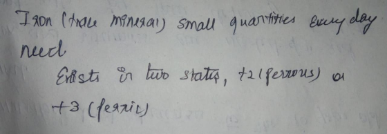 Iron (trace mineral small quantities every day need Erists in two states, talferrous) a why +3 (feanic)